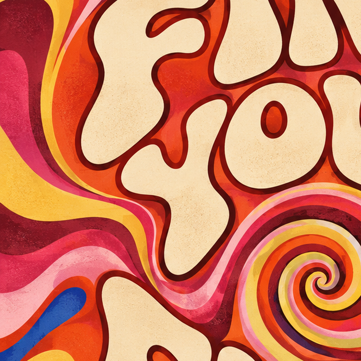 Retro Tipografi Poster – FIND YOUR FLOW 70’ler Psikedelik — baskının yakın çekimi, kâğıt dokusu ve renk detayı
