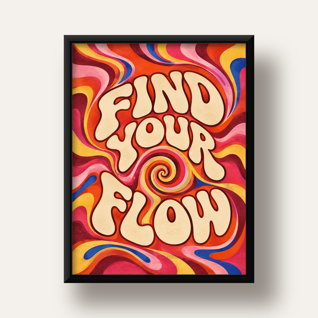 Find Your Flow Psikedelik Yoga Tipografi Poster — siyah derin çerçeveli