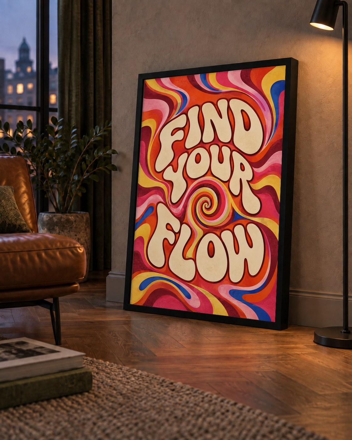 Find Your Flow Psikedelik Yoga Tipografi Poster — çerçeveli hâliyle bir ev duvarında