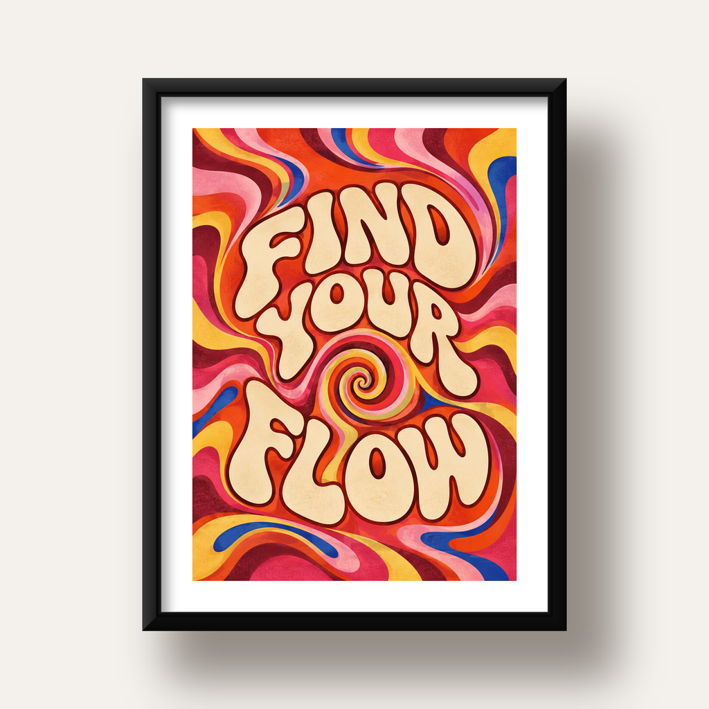 Find Your Flow Psikedelik Yoga Tipografi Poster — siyah derin çerçeveli paspartulu
