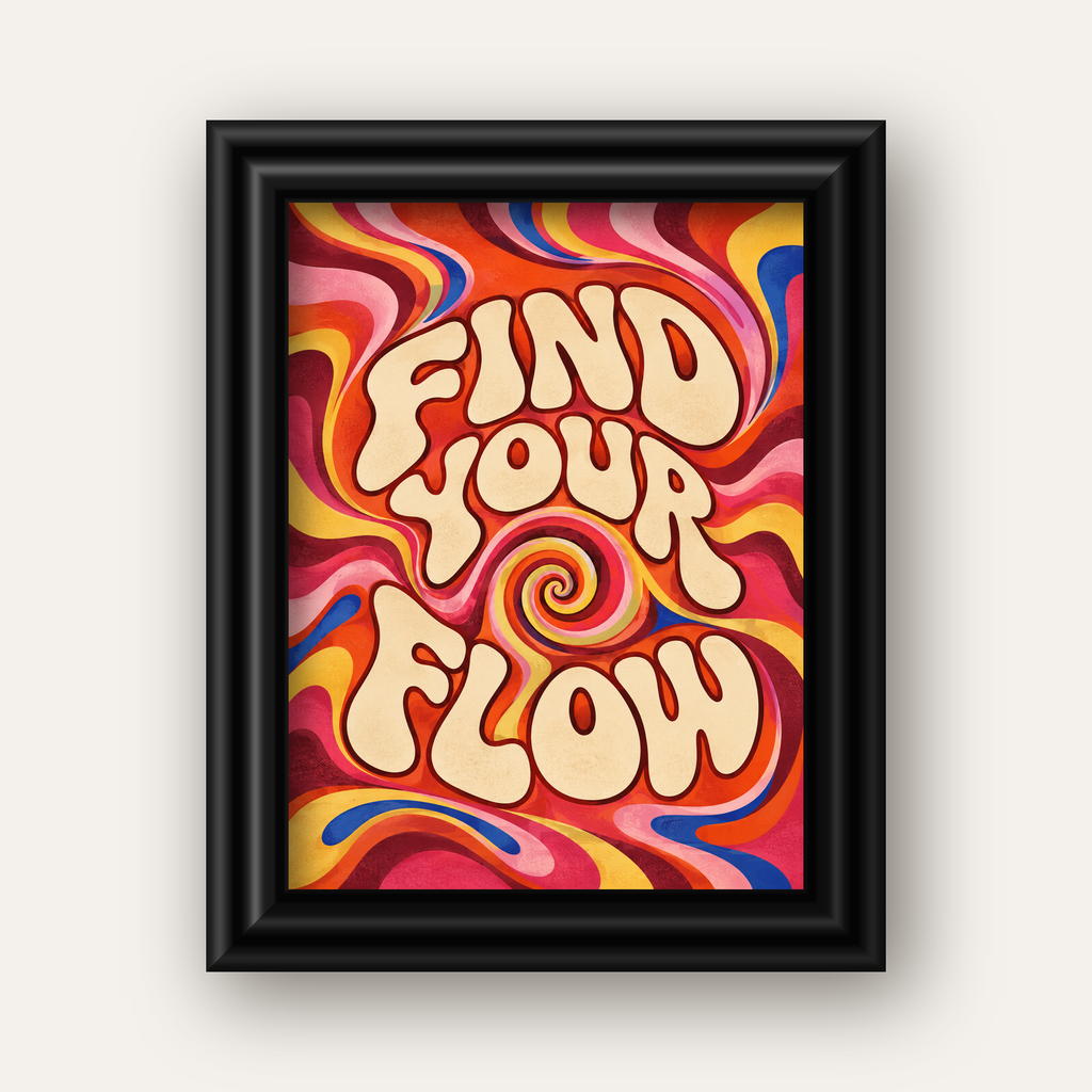 Find Your Flow Psikedelik Yoga Tipografi Poster — siyah galeri çerçeveli