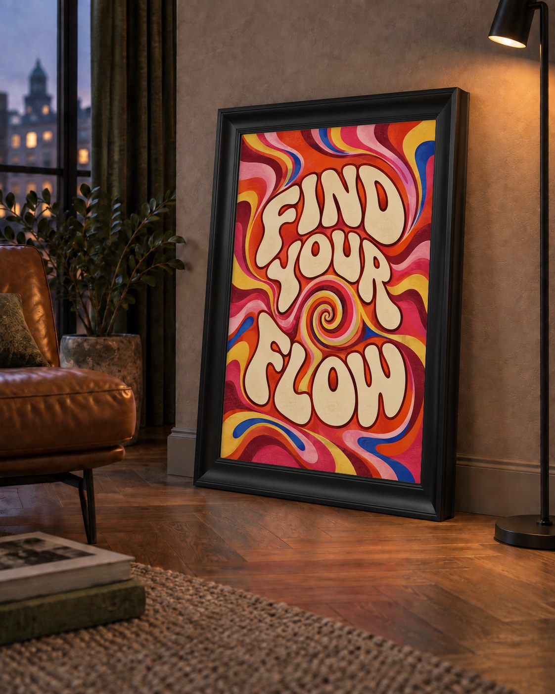 Find Your Flow Psikedelik Yoga Tipografi Poster — çerçeveli hâliyle bir ev duvarında