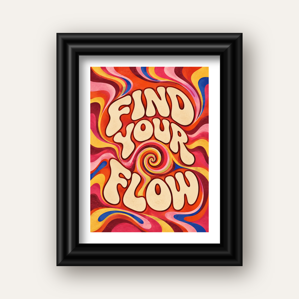Find Your Flow Psikedelik Yoga Tipografi Poster — siyah galeri çerçeveli paspartulu