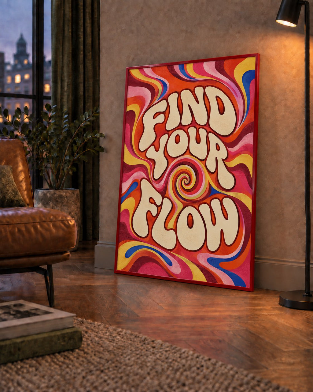 Find Your Flow Psikedelik Yoga Tipografi Poster — çerçeveli hâliyle bir ev duvarında