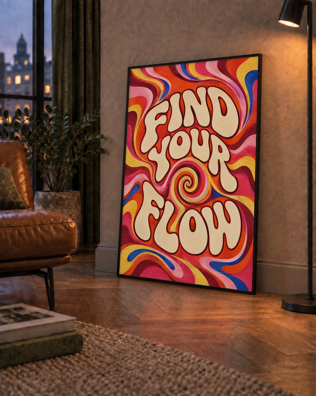 Find Your Flow Psikedelik Yoga Tipografi Poster — çerçeveli hâliyle bir ev duvarında