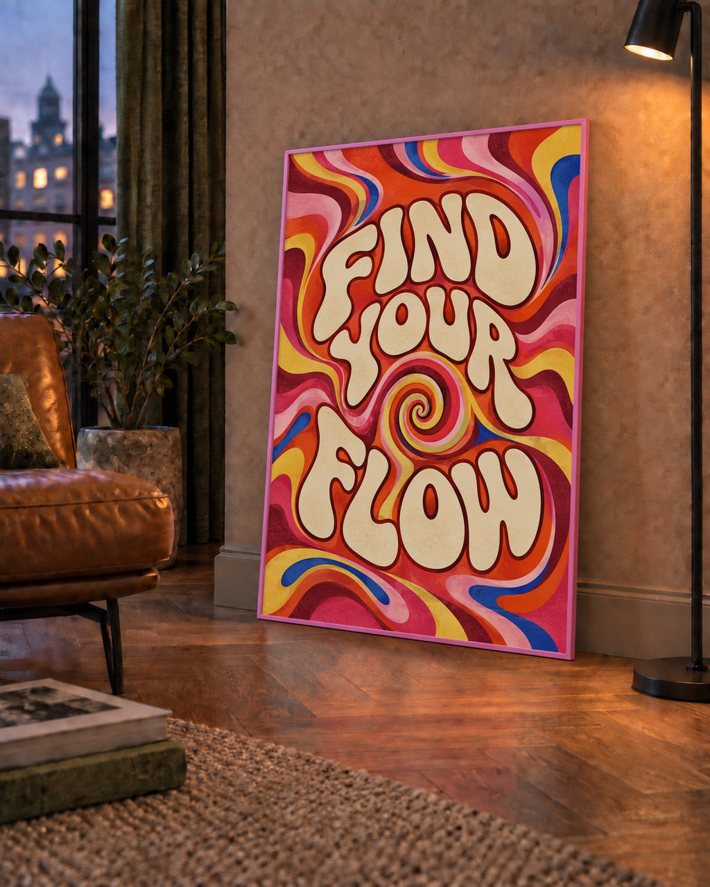 Find Your Flow Psikedelik Yoga Tipografi Poster — çerçeveli hâliyle bir ev duvarında