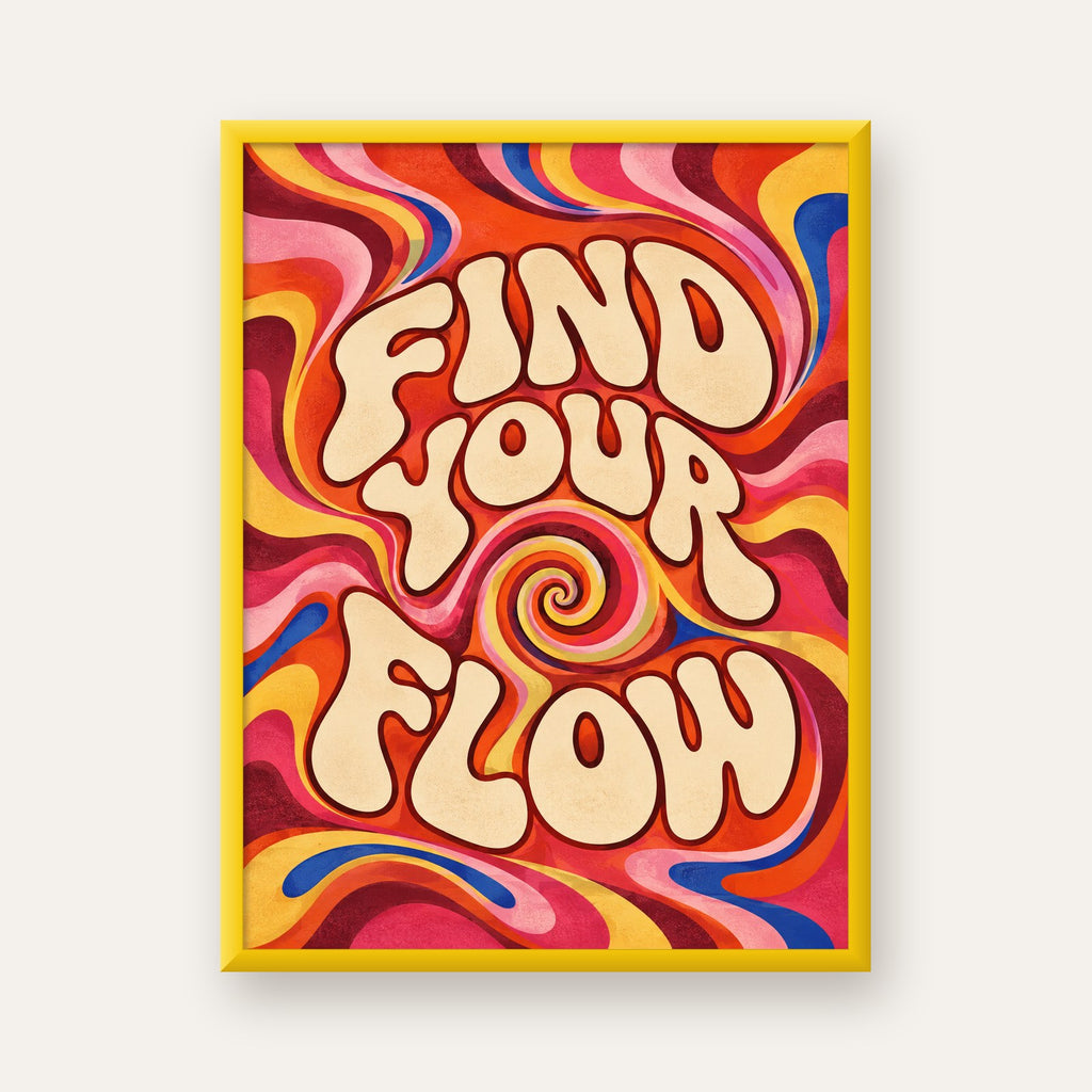 Find Your Flow Psikedelik Yoga Tipografi Poster — sarı çerçeveli