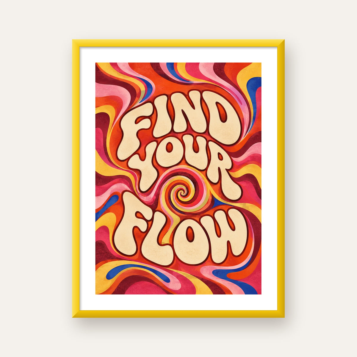 Find Your Flow Psikedelik Yoga Tipografi Poster — sarı çerçeveli paspartulu