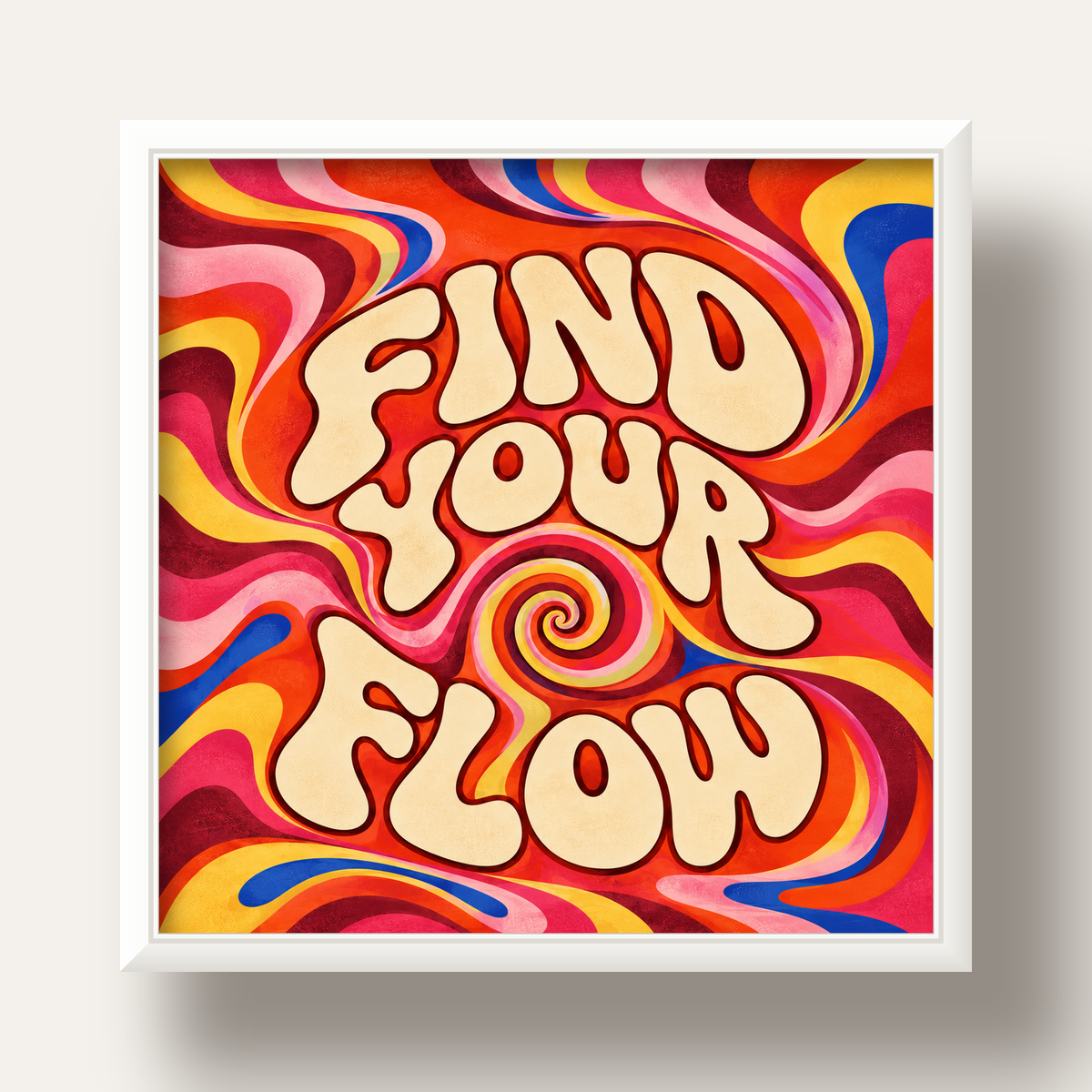 Find Your Flow Psikedelik Yoga Tipografi Poster — beyaz derin çerçeveli
