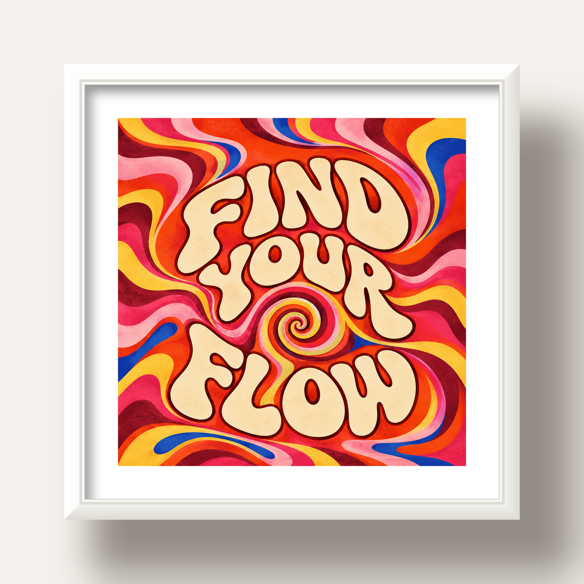 Find Your Flow Psikedelik Yoga Tipografi Poster — beyaz derin çerçeveli paspartulu