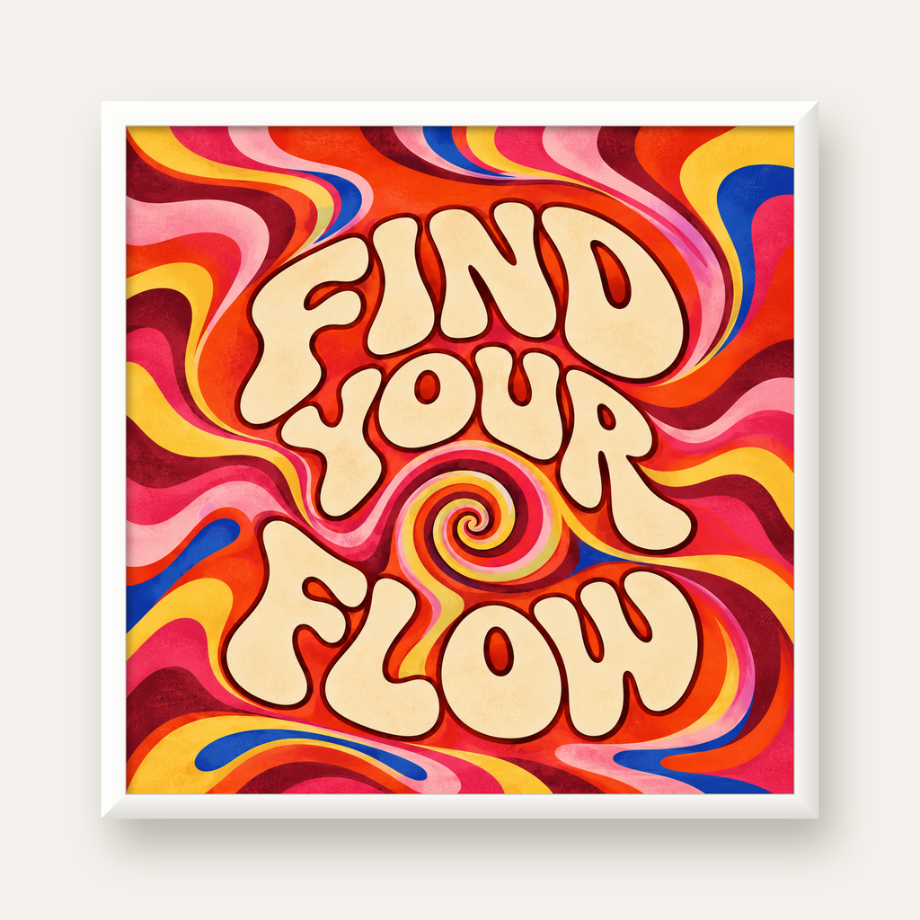 Find Your Flow Psikedelik Yoga Tipografi Poster — beyaz çerçeveli kare poster