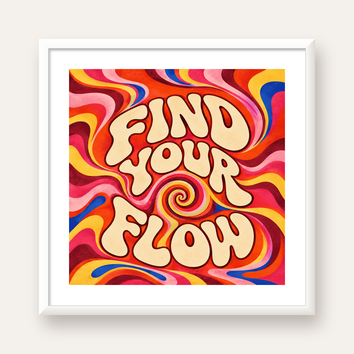 Find Your Flow Psikedelik Yoga Tipografi Poster — beyaz çerçeveli kare poster