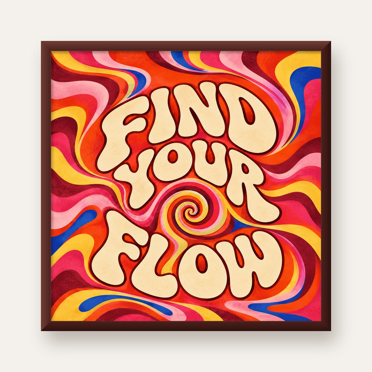Find Your Flow Psikedelik Yoga Tipografi Poster — ceviz çerçeveli