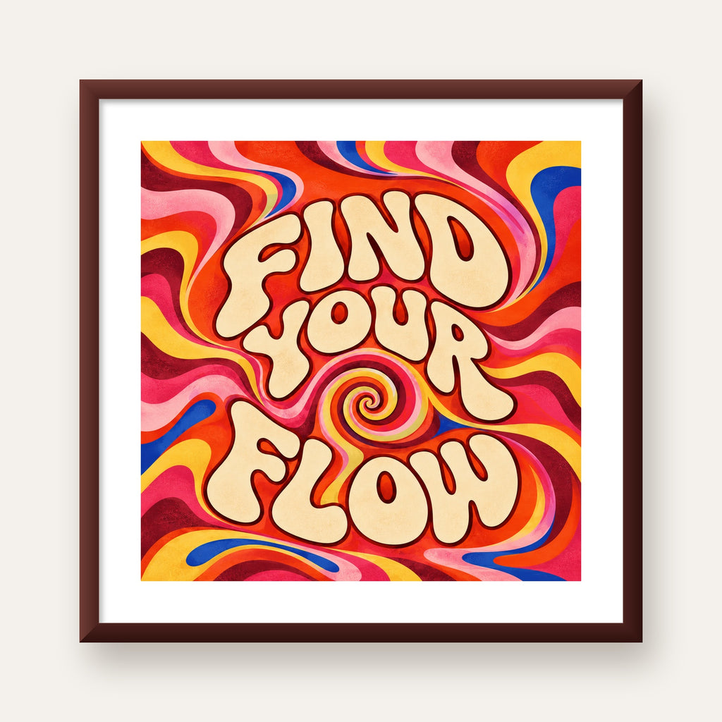 Find Your Flow Psikedelik Yoga Tipografi Poster — ceviz çerçeveli paspartulu
