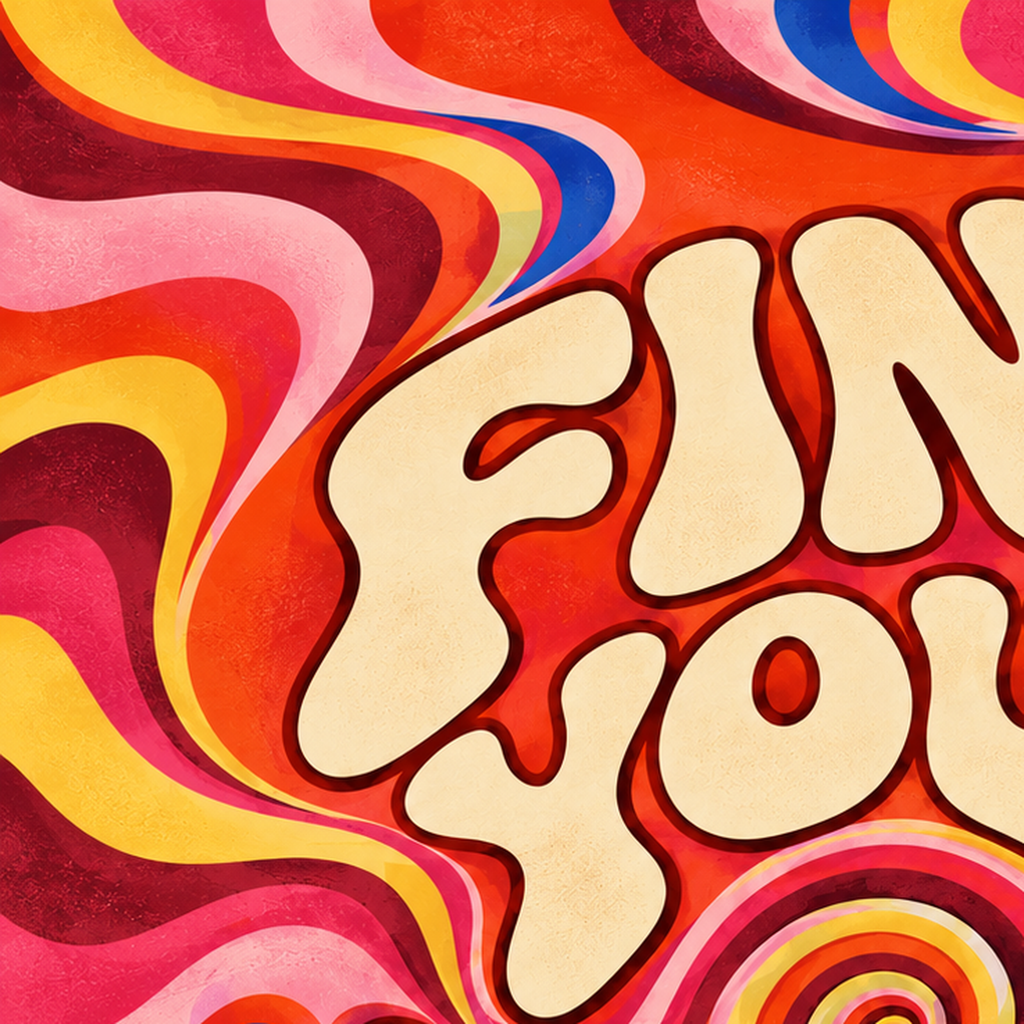 Retro Tipografi Poster – FIND YOUR FLOW 70’ler Psikedelik — baskının yakın çekimi, kâğıt dokusu ve renk detayı