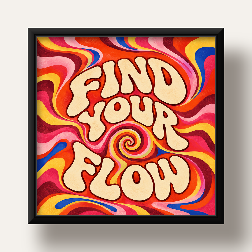 Find Your Flow Psikedelik Yoga Tipografi Poster — siyah derin çerçeveli