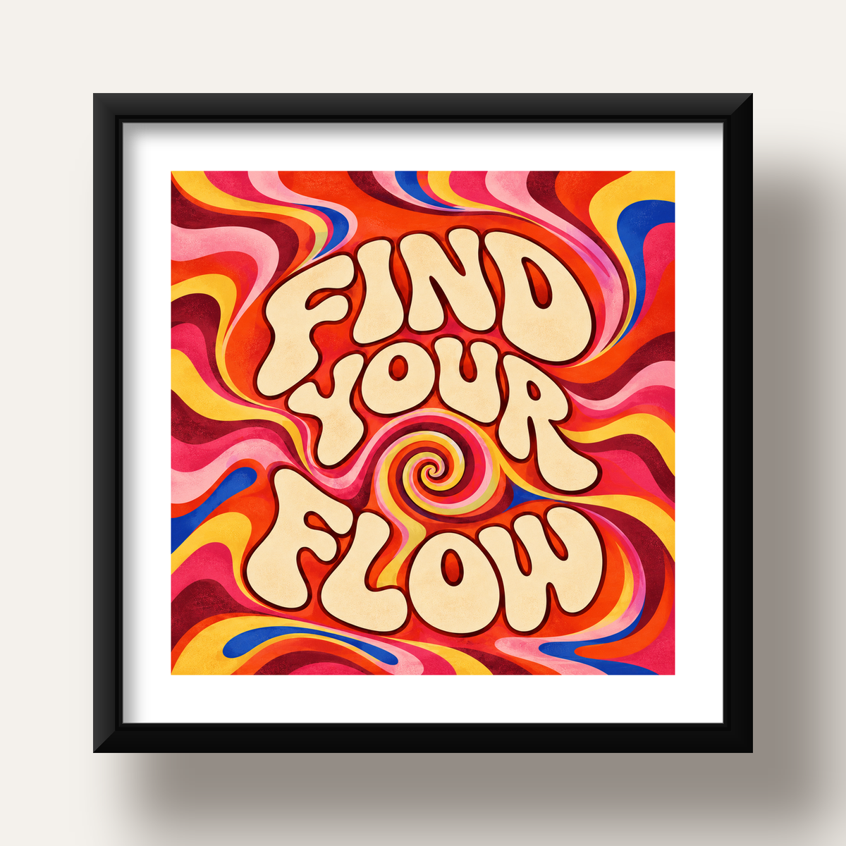 Find Your Flow Psikedelik Yoga Tipografi Poster — siyah derin çerçeveli paspartulu