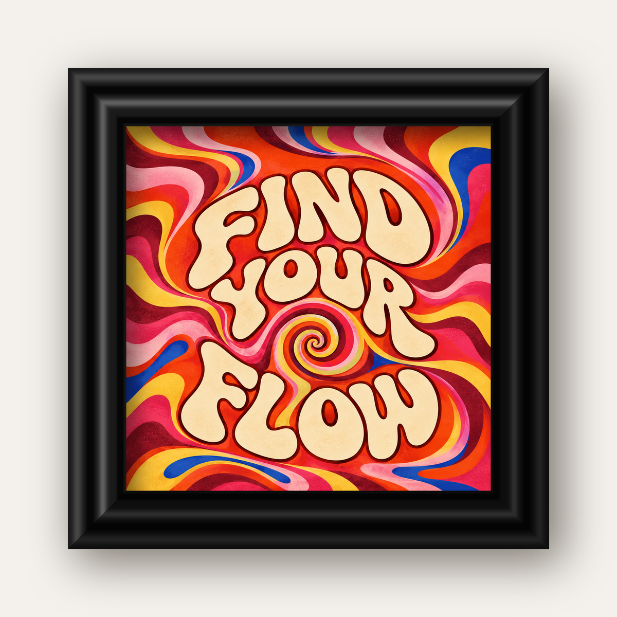 Find Your Flow Psikedelik Yoga Tipografi Poster — siyah galeri çerçeveli