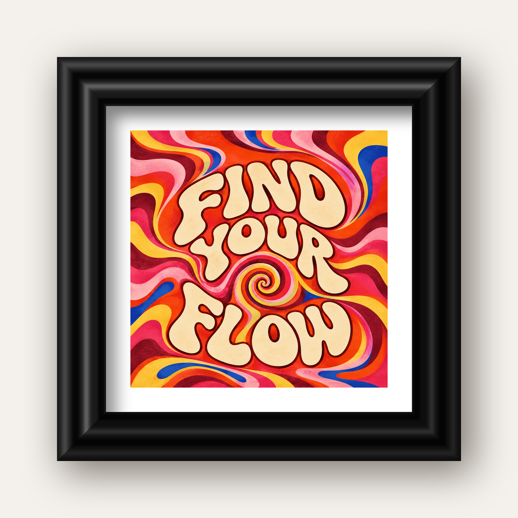 Find Your Flow Psikedelik Yoga Tipografi Poster — siyah galeri çerçeveli paspartulu