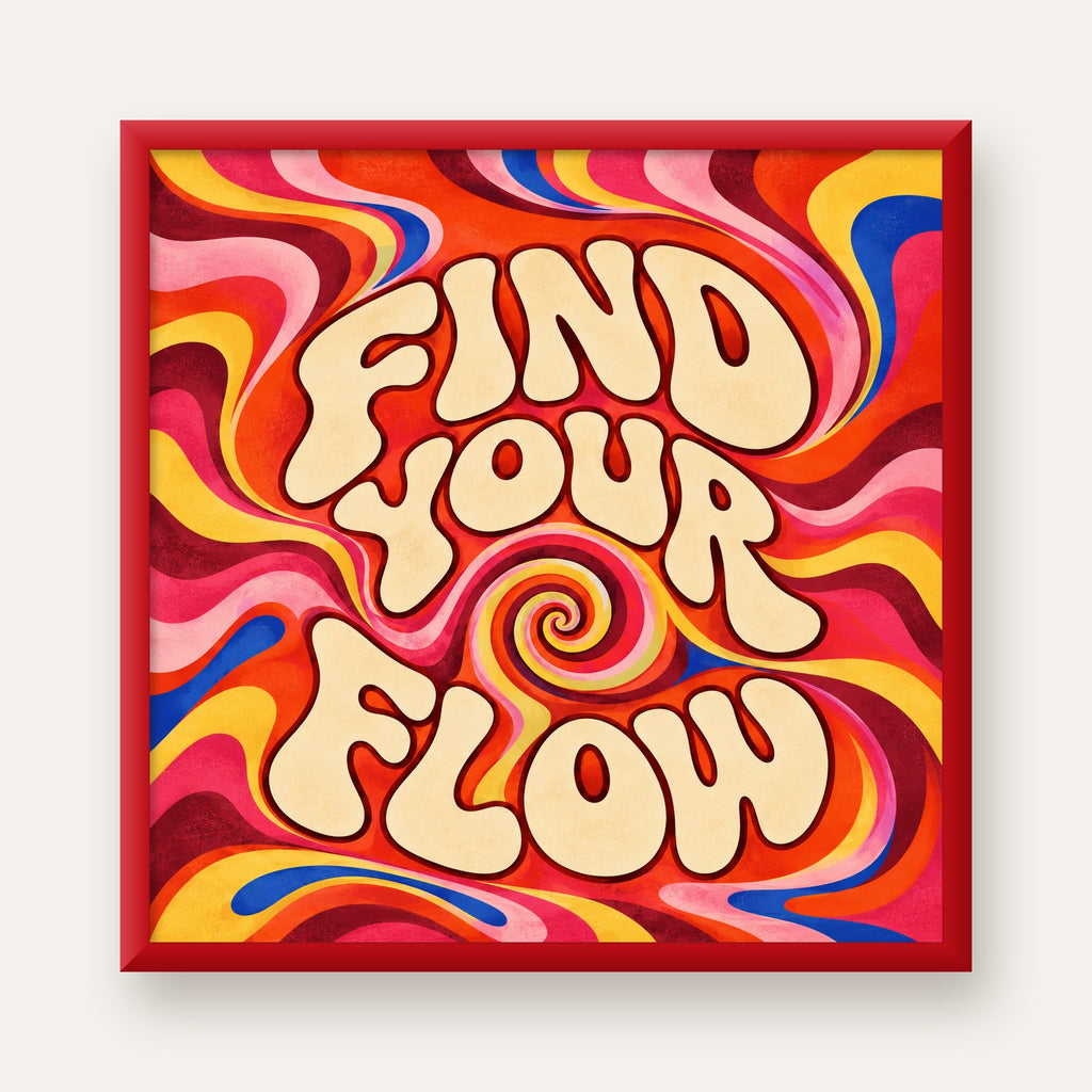 Find Your Flow Psikedelik Yoga Tipografi Poster — kırmızı çerçeveli