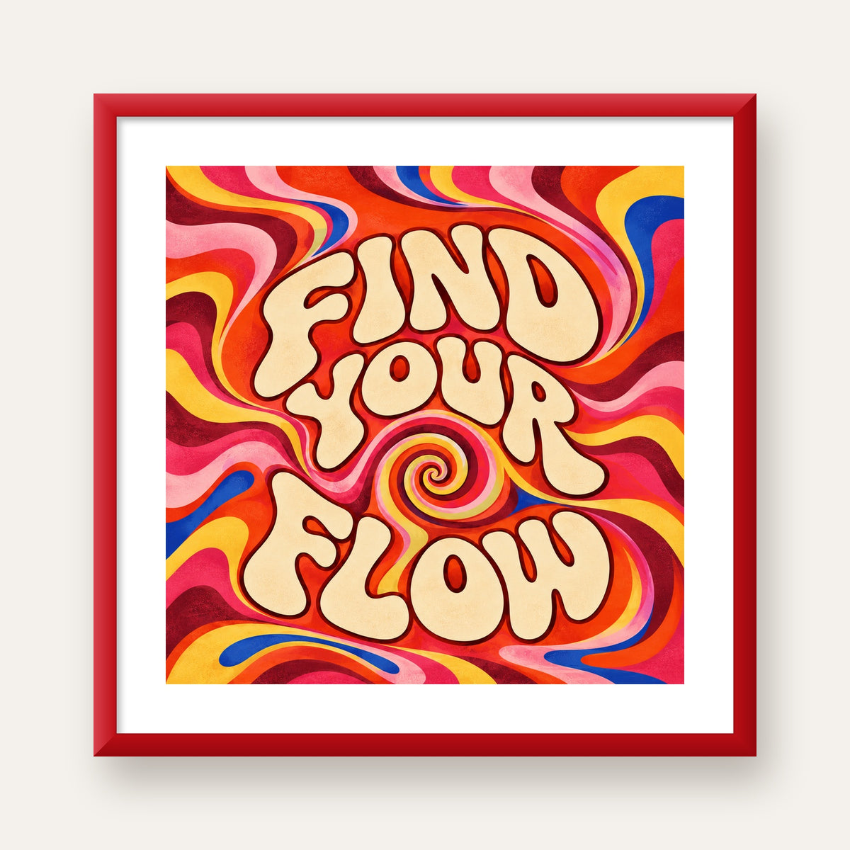 Find Your Flow Psikedelik Yoga Tipografi Poster — kırmızı çerçeveli paspartulu