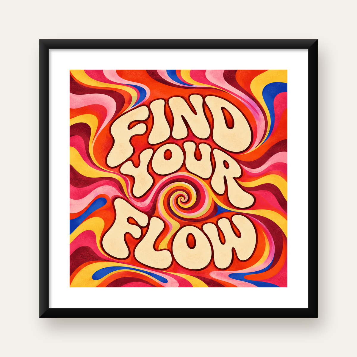 Retro Tipografi Poster – FIND YOUR FLOW 70’ler Psikedelik — Kare baskı, beyaz kenar boşluklu