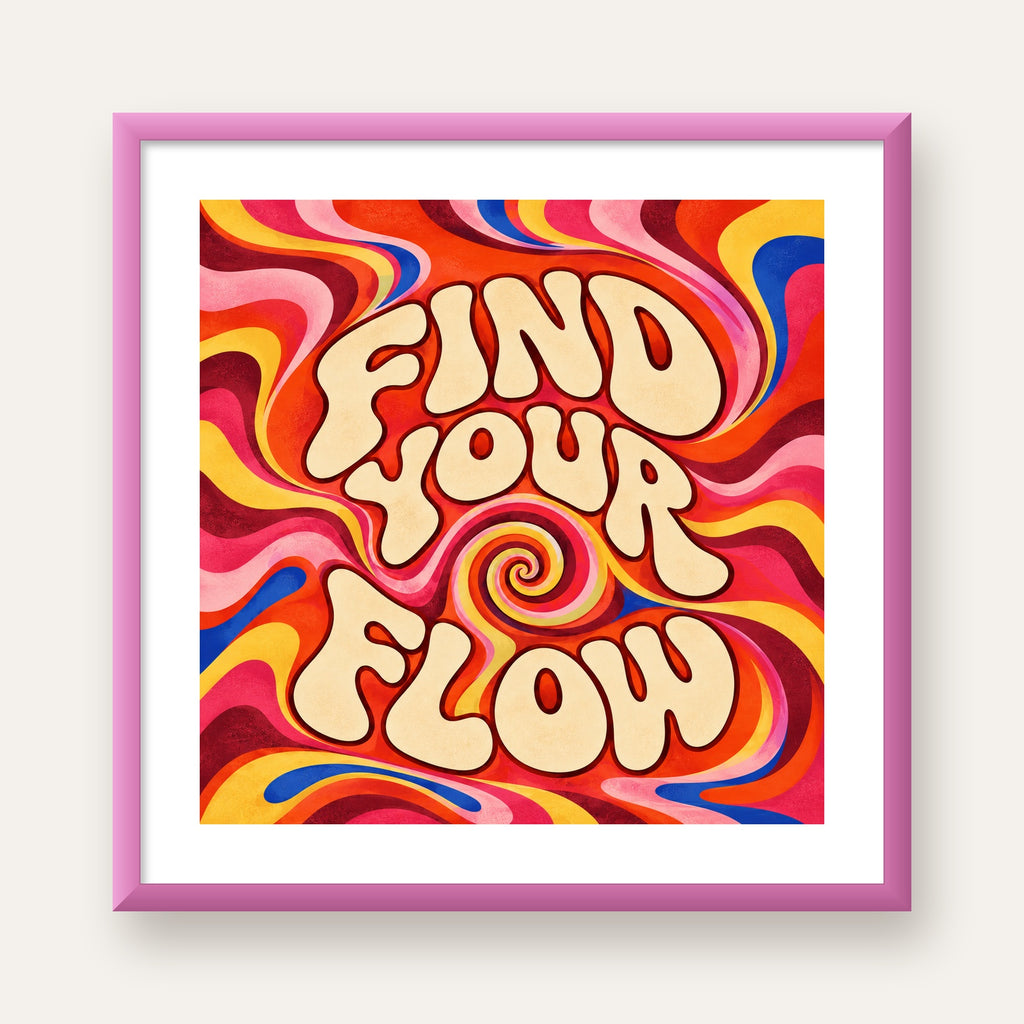 Find Your Flow Psikedelik Yoga Tipografi Poster — pembe çerçeveli paspartulu