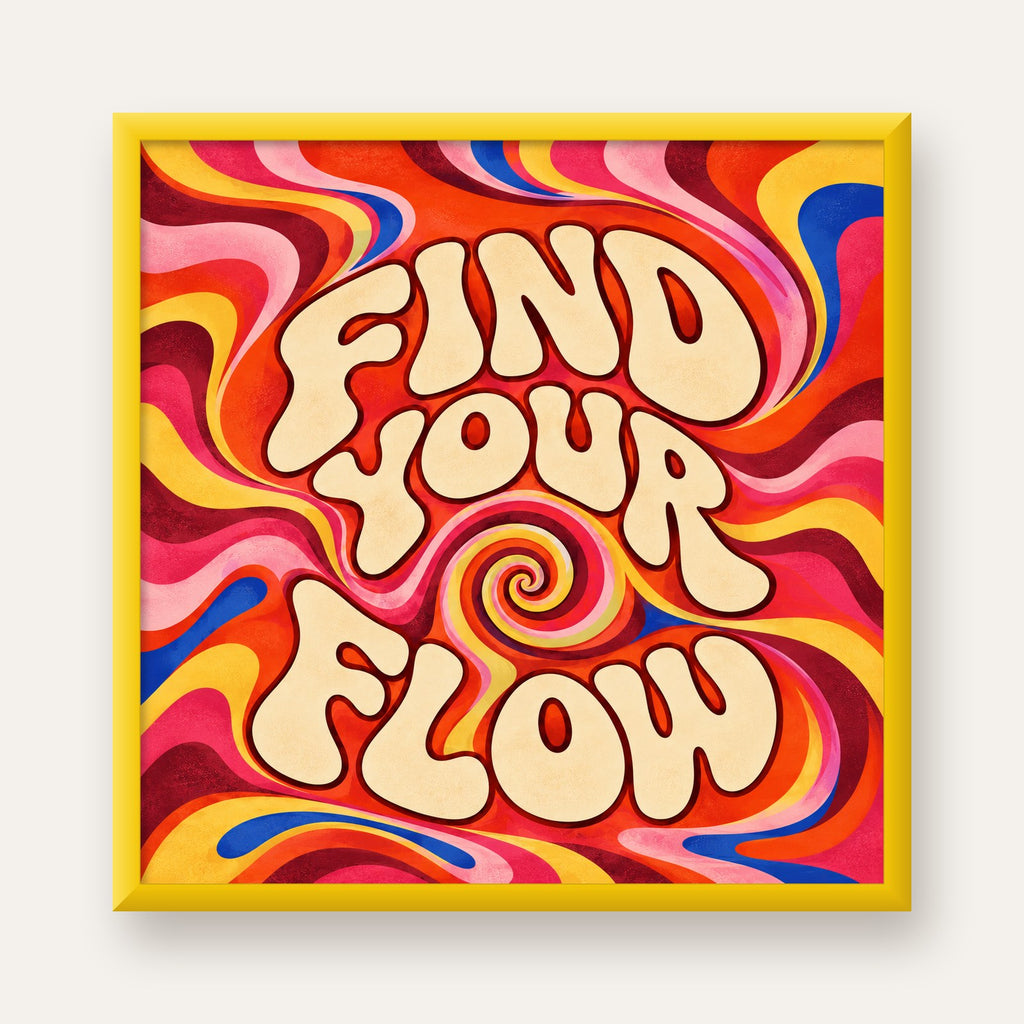 Find Your Flow Psikedelik Yoga Tipografi Poster — sarı çerçeveli