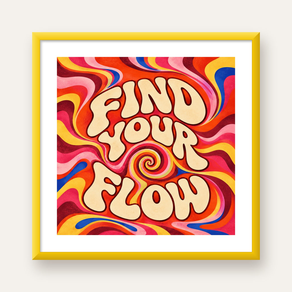Find Your Flow Psikedelik Yoga Tipografi Poster — sarı çerçeveli paspartulu