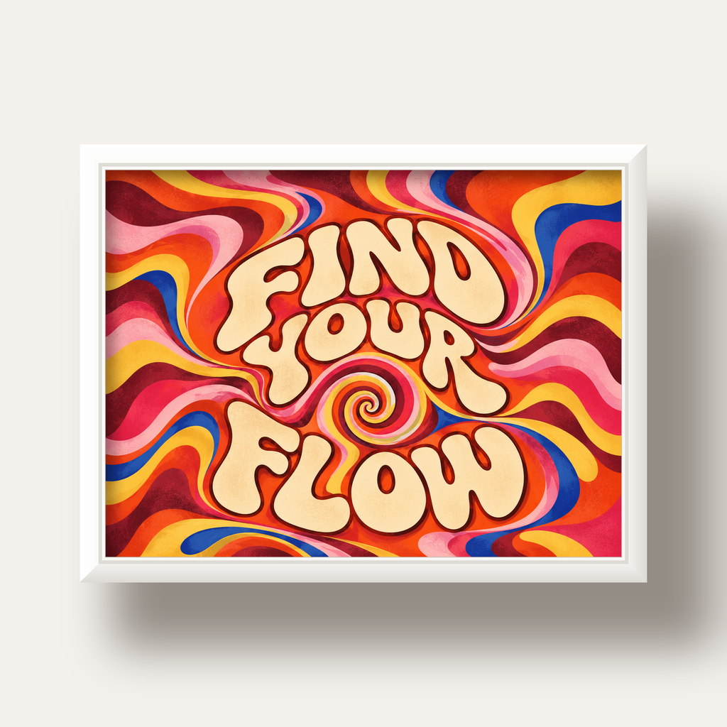 Find Your Flow Psikedelik Yoga Tipografi Poster — beyaz derin çerçeveli