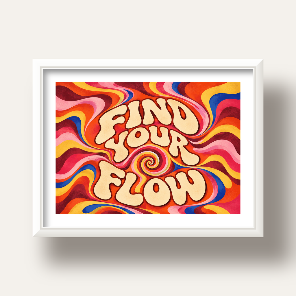 Find Your Flow Psikedelik Yoga Tipografi Poster — beyaz derin çerçeveli paspartulu