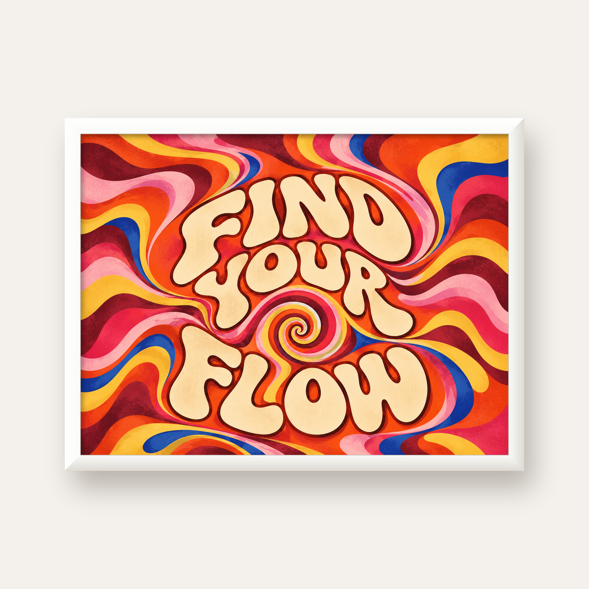 Find Your Flow Psikedelik Yoga Tipografi Poster — beyaz çerçeveli yatay poster