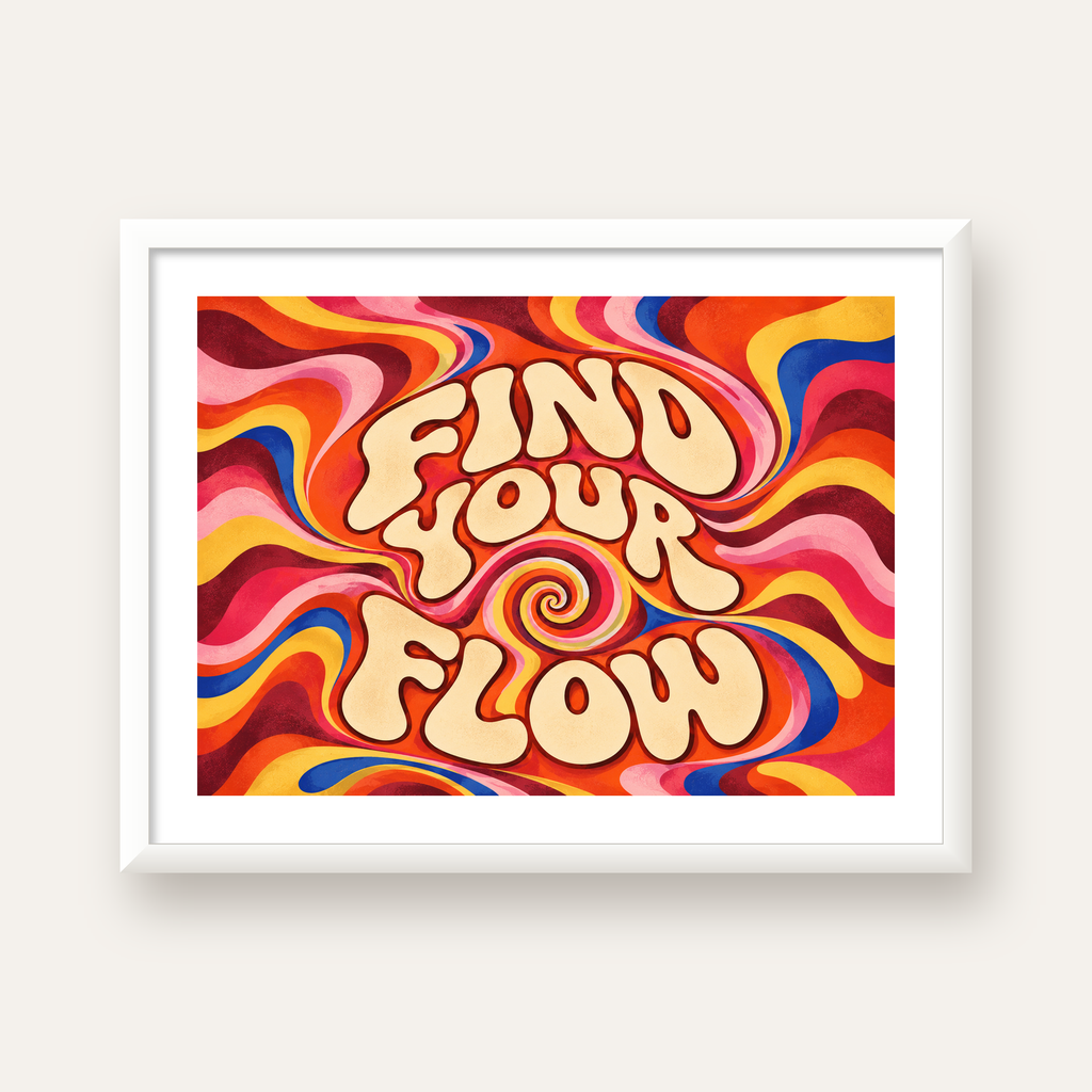 Find Your Flow Psikedelik Yoga Tipografi Poster — beyaz çerçeveli yatay poster