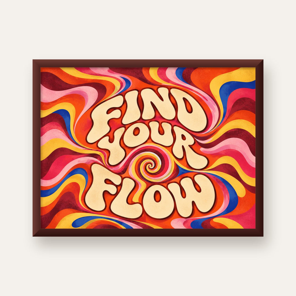 Find Your Flow Psikedelik Yoga Tipografi Poster — ceviz çerçeveli