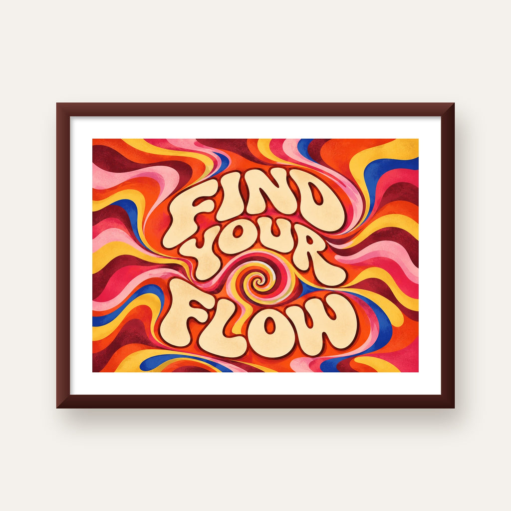Find Your Flow Psikedelik Yoga Tipografi Poster — ceviz çerçeveli paspartulu