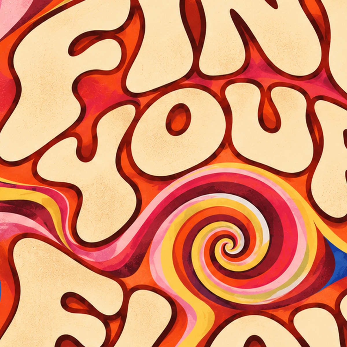 Retro Tipografi Poster – FIND YOUR FLOW 70’ler Psikedelik — baskının yakın çekimi, kâğıt dokusu ve renk detayı
