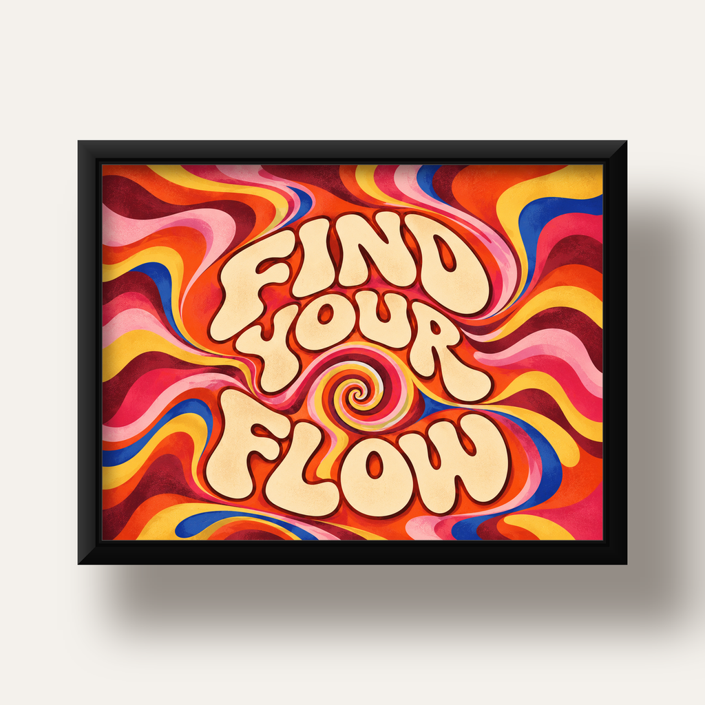 Find Your Flow Psikedelik Yoga Tipografi Poster — siyah derin çerçeveli
