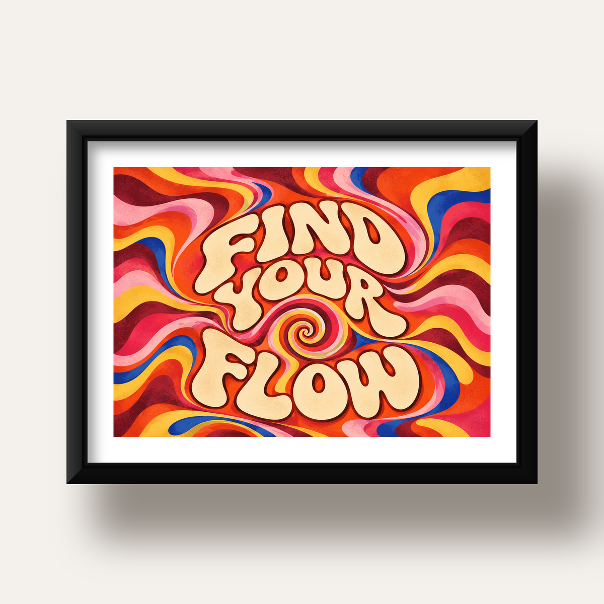 Find Your Flow Psikedelik Yoga Tipografi Poster — siyah derin çerçeveli paspartulu