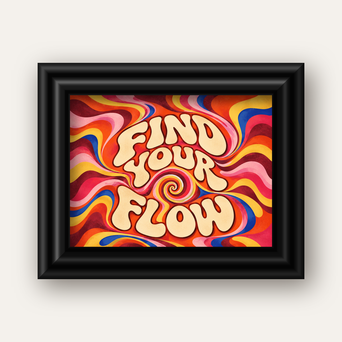 Find Your Flow Psikedelik Yoga Tipografi Poster — siyah galeri çerçeveli
