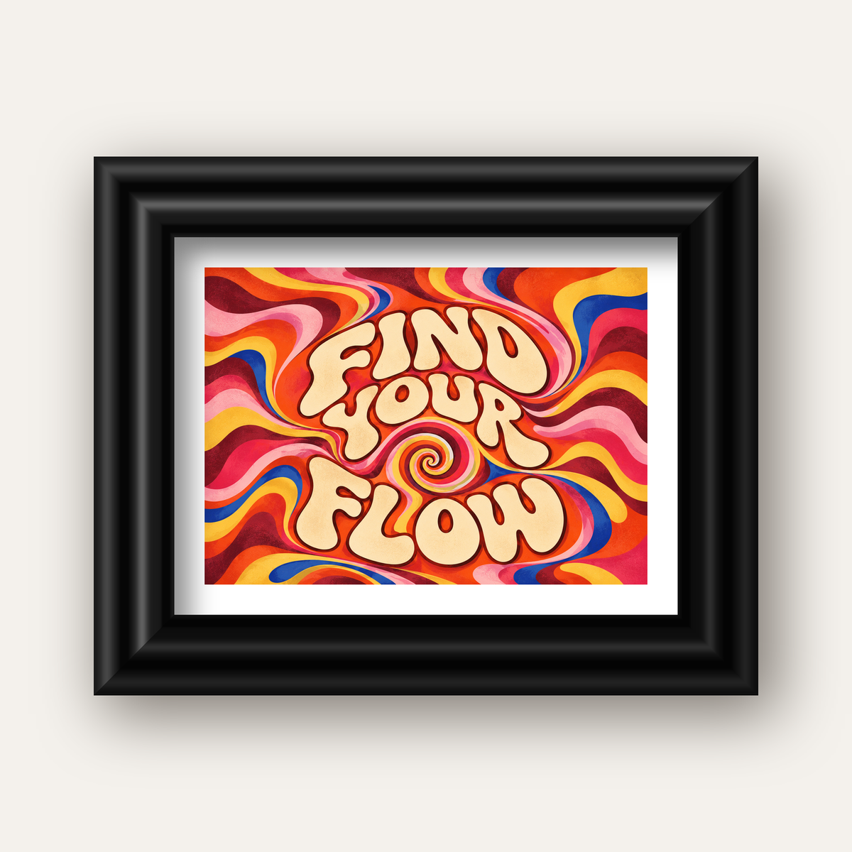 Find Your Flow Psikedelik Yoga Tipografi Poster — siyah galeri çerçeveli paspartulu