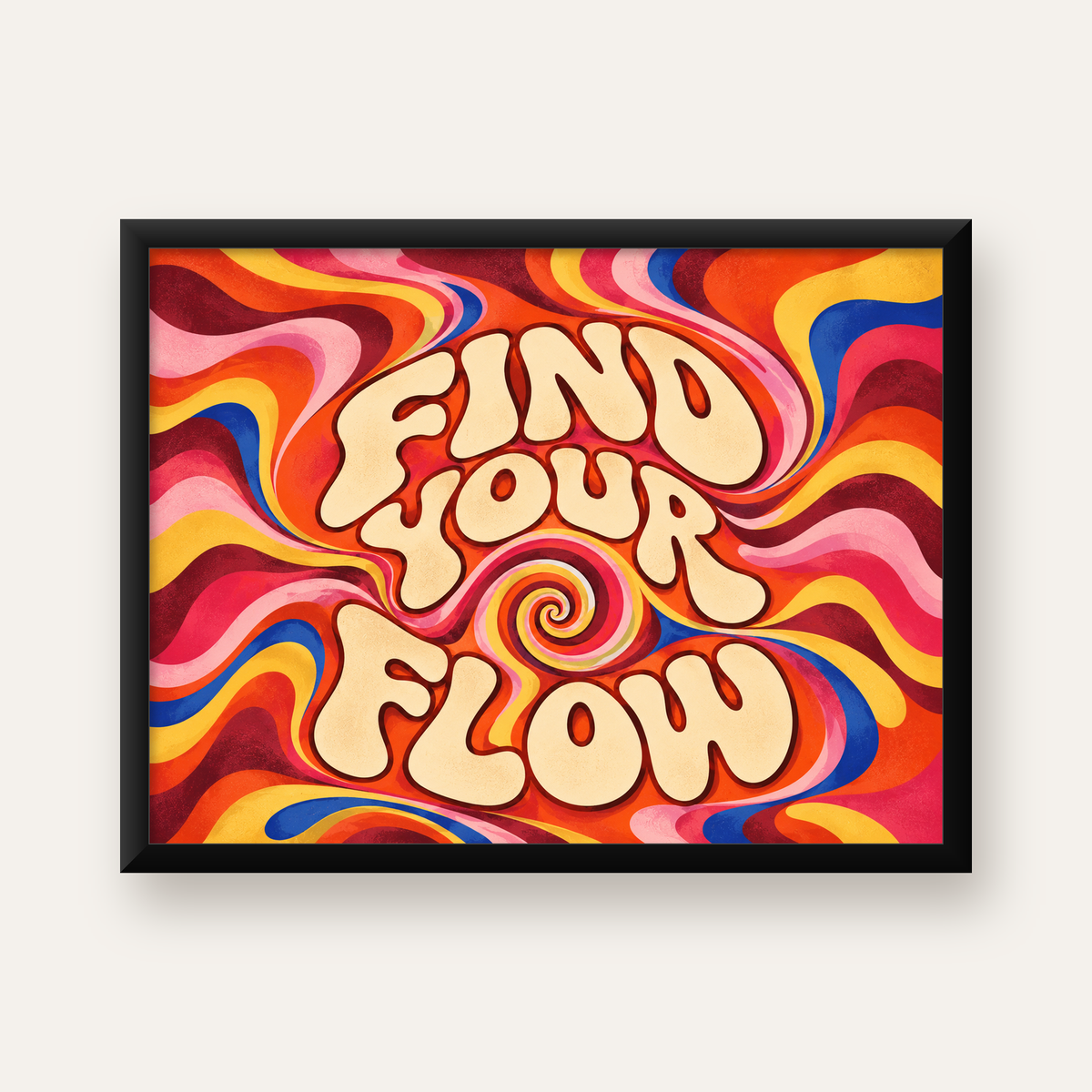 Retro Tipografi Poster – FIND YOUR FLOW 70’ler Psikedelik — Yatay baskı, düz siyah çerçeveli duvar posteri