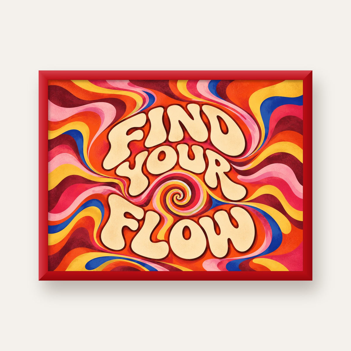 Find Your Flow Psikedelik Yoga Tipografi Poster — kırmızı çerçeveli