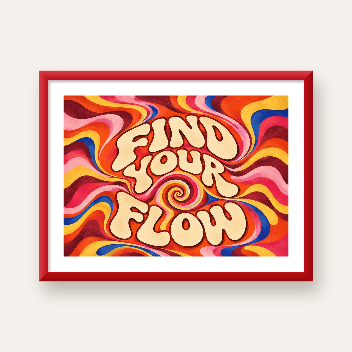 Find Your Flow Psikedelik Yoga Tipografi Poster — kırmızı çerçeveli paspartulu