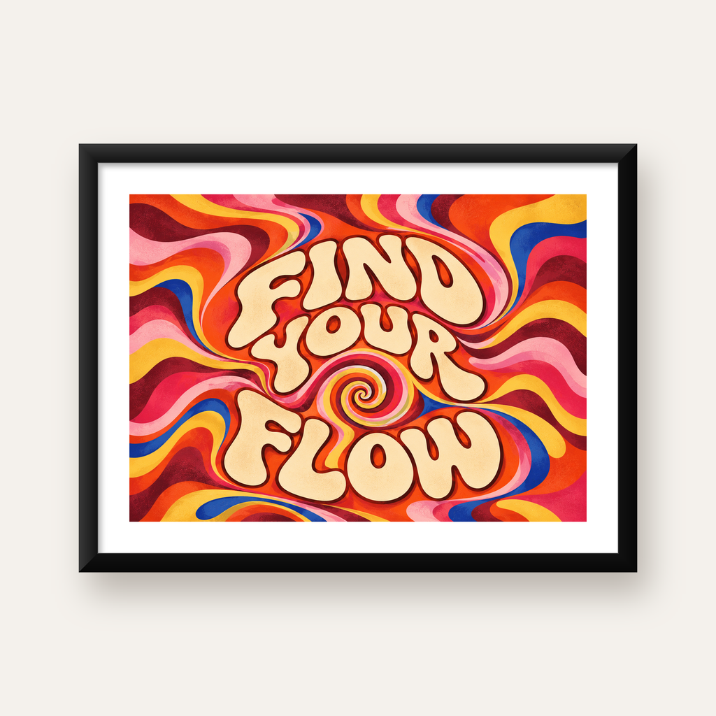 Retro Tipografi Poster – FIND YOUR FLOW 70’ler Psikedelik — Yatay baskı, beyaz kenar boşluklu