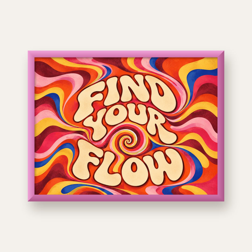 Find Your Flow Psikedelik Yoga Tipografi Poster — pembe çerçeveli