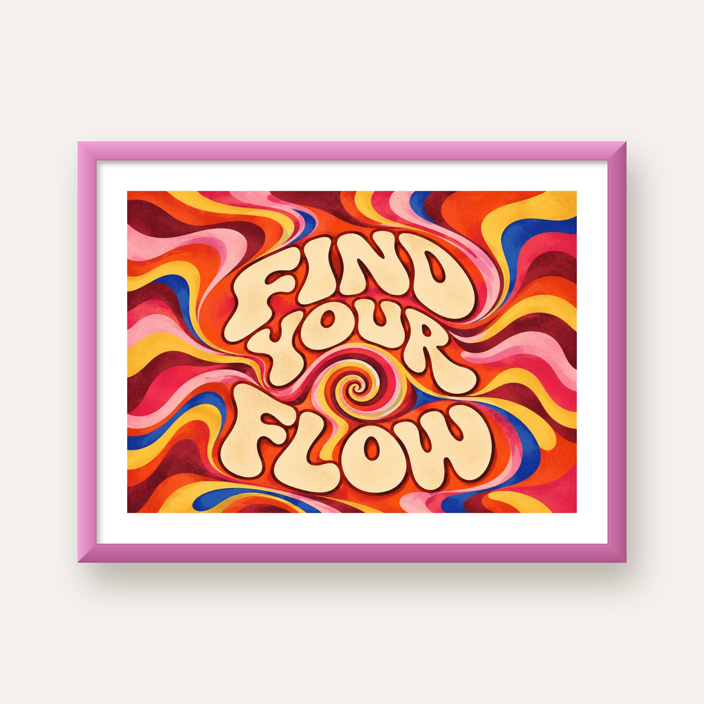 Find Your Flow Psikedelik Yoga Tipografi Poster — pembe çerçeveli paspartulu