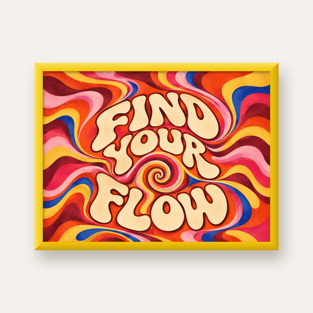 Find Your Flow Psikedelik Yoga Tipografi Poster — sarı çerçeveli