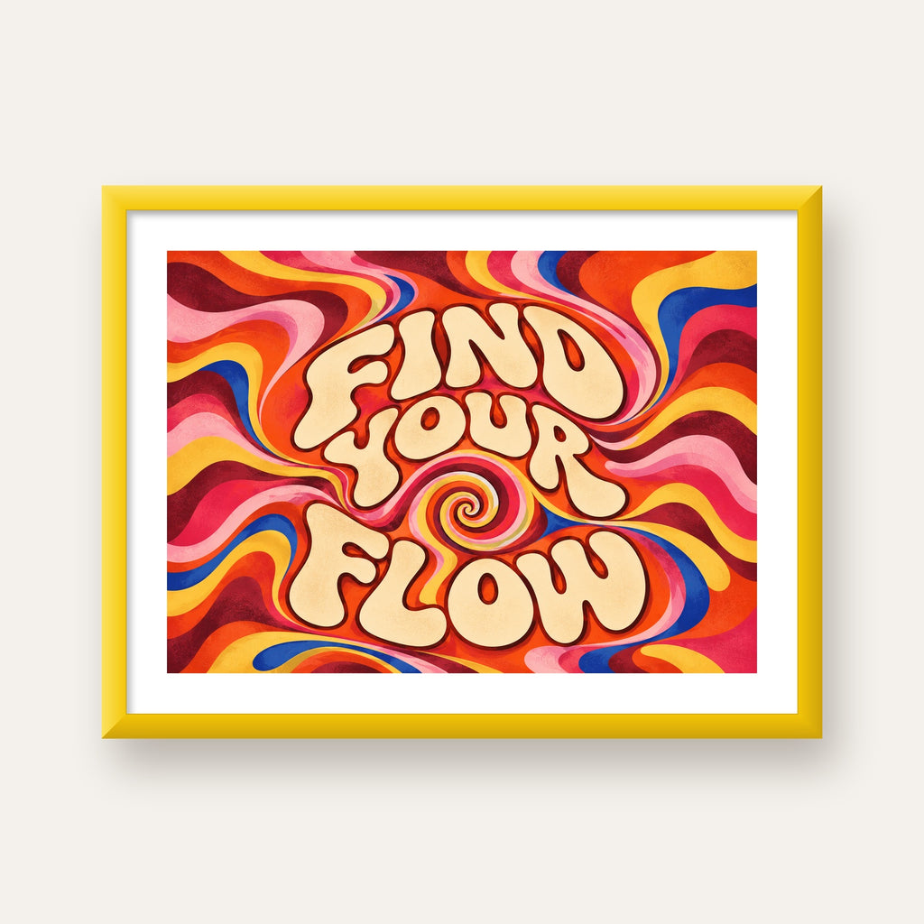 Find Your Flow Psikedelik Yoga Tipografi Poster — sarı çerçeveli paspartulu