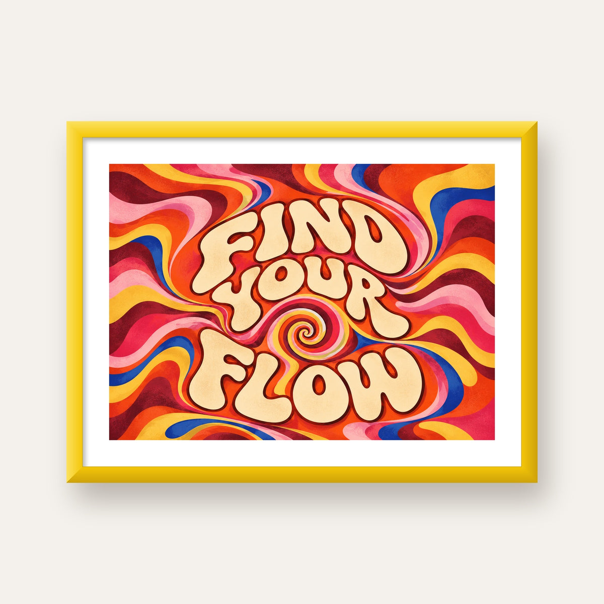 Find Your Flow Psikedelik Yoga Tipografi Poster — sarı çerçeveli paspartulu