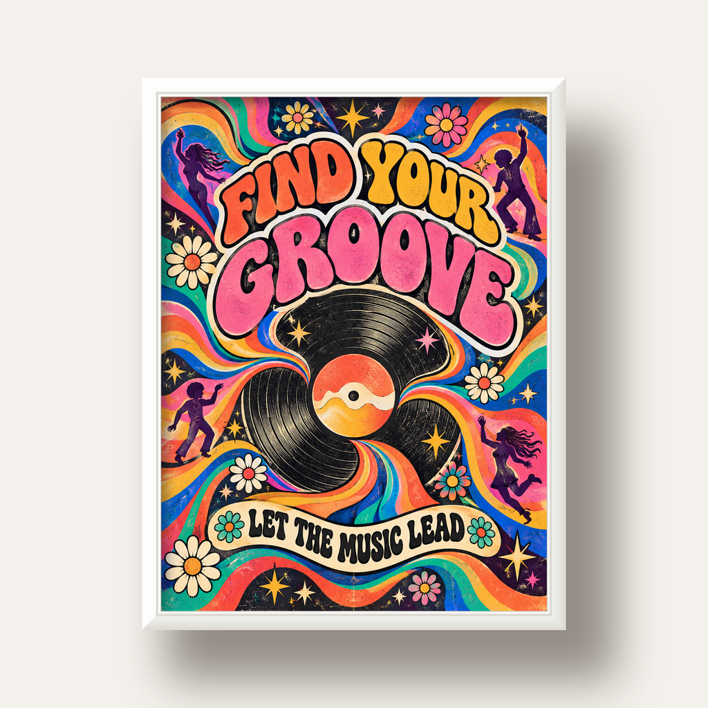 Retro Müzik ve Dans Temalı Psychedelic Poster Baskı — beyaz derin çerçeveli